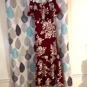 Wine colored off the shoulder maxi dress with white flowers